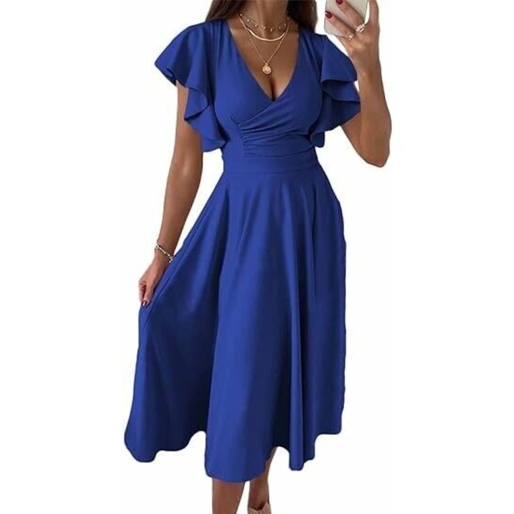 Dokotoo Women's V Neck Elegant Party Dress Short Sleeve BLUE Dress Sz 2XL